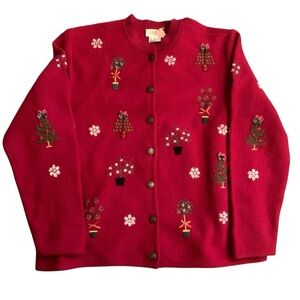 Vintage Talbots Wool Red Christmas Cardigan Sweater XL Embroidered Trees Snow